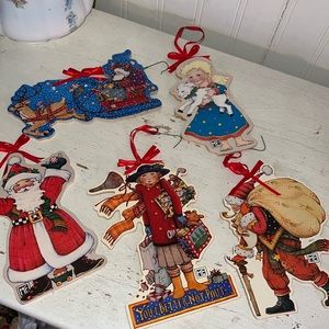Lot 5 Mary Engelbreit reversible Christmas wood Ornaments